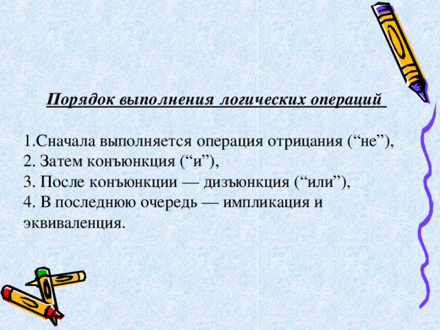Порядок выполнения логических операций 1 .Сначала выполняется операция отрицания (“не”), 2. Затем конъюнкция (“и”), 3. После конъюнкции — дизъюнкция (“или”), 4. В последнюю очередь — импликация и эквиваленция. 