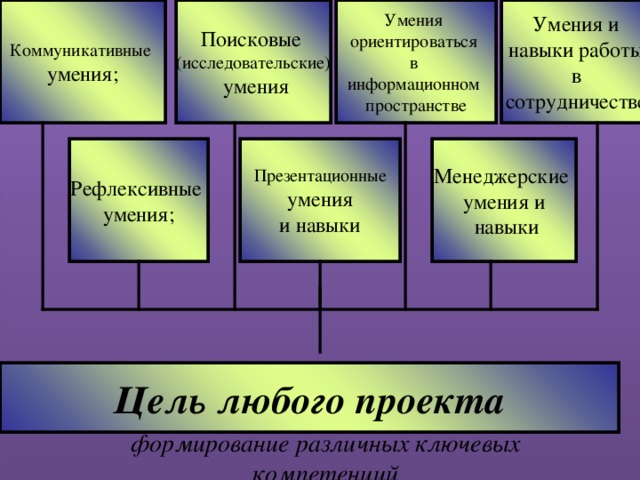 Поисковые (исследовательские)  умения Коммуникативные умения; Умения и навыки работы в сотрудничестве ; Умения ориентироваться в информационном пространстве Менеджерские умения и  навыки Рефлексивные умения; Презентационные  умения и навыки Цель любого проекта формирование различных ключевых компетенций