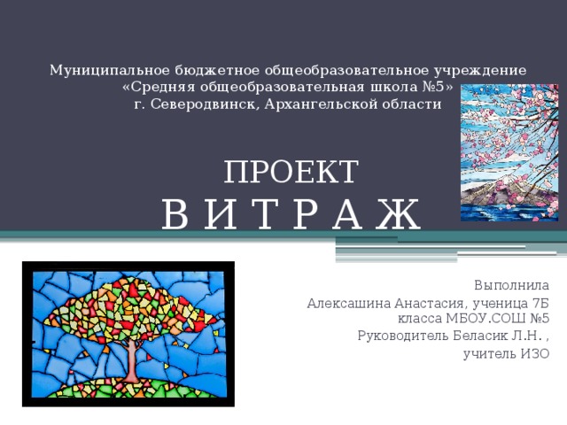 Муниципальное бюджетное общеобразовательное учреждение «Средняя общеобразовательная школа №5» г. Северодвинск, Архангельской области ПРОЕКТ  В И Т Р А Ж Выполнила  Алексашина Анастасия, ученица 7Б класса МБОУ.СОШ №5 Руководитель Беласик Л.Н. , учитель ИЗО 