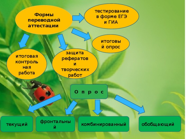 тестирование в форме ЕГЭ и ГИА Формы переводной аттестации итоговый опрос защита рефератов и творческих работ итоговая контрольная работа О п р о с обобщающий текущий фронтальный комбинированный 