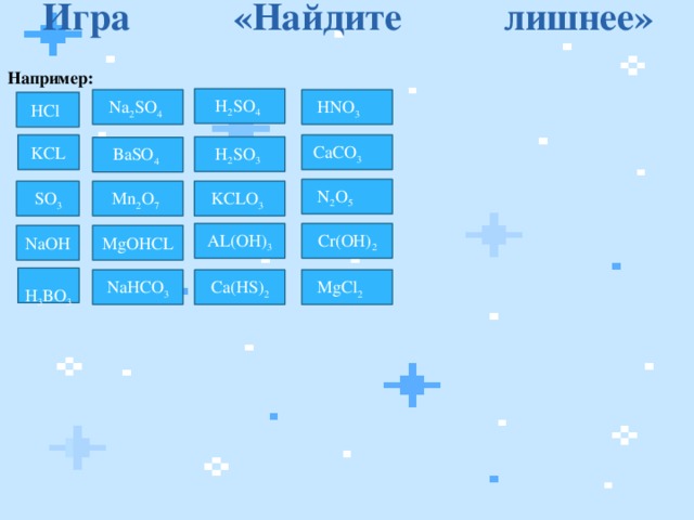 Игра  «Найдите  лишнее»   Например: H 2 SO 4  Na 2 SO 4   HNO 3 HCl  CaCO 3 KCL H 2 SO 3  BaSO 4   N 2 O 5 Mn 2 O 7  SO 3 KCLO 3  AL(OH) 3 Cr(OH) 2 MgOHCL NaOH H 3 BO 3  Ca(HS) 2 NaHCO 3  MgCl 2 