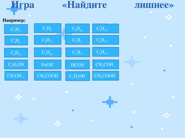 Игра  «Найдите  лишнее»   Например: C 2 H 6   C 4 H 10 C 8 H 18 C 2 H 2  C 5 H 12   C 6 H 14 C 2 H 4  C 3 H 8   C 5 H 10 C 9 H 18  C 3 H 7  C 6 H 12  CH 3 COH NaOH C 2 H 5 OH HCOH CH 3 COOH CH 3 OH 3  CH 3 СООН C 3 H 7 OH 