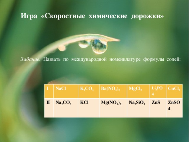 Игра «Скоростные химические дорожки»  Задание. Назвать по международной номенклатуре формулы солей:   I II NaCl K 2 CO 3 Na 2 CO 3 Ba(NO 3 ) 2 KCl Mg(NO 3 ) 2 MgCl 2 Na 2 SiO 3 Li 3 PO4 CuCl 2 ZnS ZnSO4  