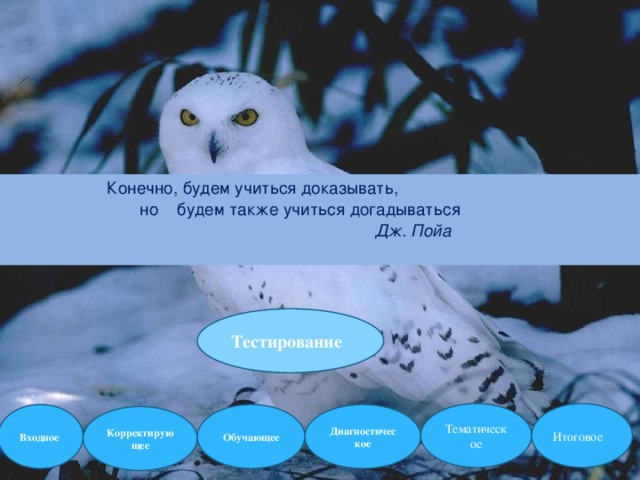  Конечно, будем учиться доказывать,  но будем также учиться догадываться  Дж. Пойа   Тестирование Тематическое Итоговое Входное Обучающее Диагностическое Корректирующее 