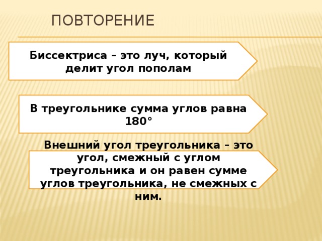Повторение Биссектриса – это луч, который делит угол пополам В треугольнике сумма углов равна 180° Внешний угол треугольника – это угол, смежный с углом треугольника и он равен сумме углов треугольника, не смежных с ним. 