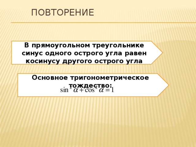 Повторение В прямоугольном треугольнике синус одного острого угла равен косинусу другого острого угла Основное тригонометрическое тождество:  