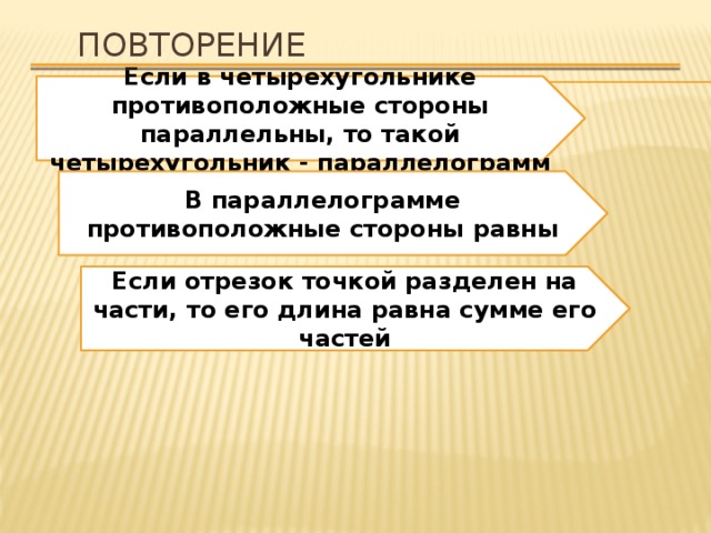 Повторение Если в четырехугольнике противоположные стороны параллельны, то такой четырехугольник - параллелограмм В параллелограмме противоположные стороны равны Если отрезок точкой разделен на части, то его длина равна сумме его частей 