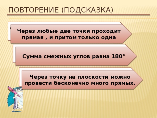 Повторение (подсказка) Сформулируйте аксиому о взаимном расположении прямой и точек. Через любые две точки проходит прямая , и притом только одна Каким свойством обладают смежные углы? Сумма смежных углов равна 180° Сколько прямых можно провести через точку на плоскости? Через точку на плоскости можно провести бесконечно много прямых. 