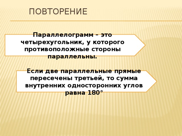 Повторение Параллелограмм – это четырехугольник, у которого противоположные стороны параллельны. Если две параллельные прямые пересечены третьей, то сумма внутренних односторонних углов равна 180° 