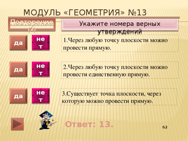 Модуль «ГЕОМЕТРИЯ» №13 Укажите номера верных утверждений Повторение (2) 1.Через любую точку плоскости можно провести прямую. да нет да нет 2.Через любую точку плоскости можно провести единственную прямую. 3.Существует точка плоскости, через которую можно провести прямую. да нет Ответ: 13. 55 