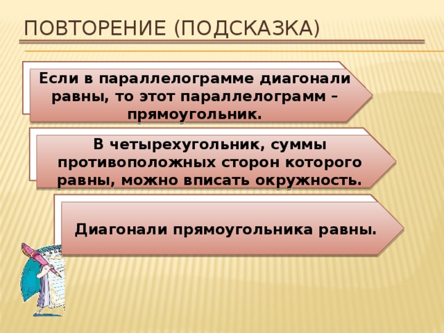Повторение (подсказка) Сформулируйте признак прямоугольника. Если в параллелограмме диагонали равны, то этот параллелограмм – прямоугольник. В какой четырехугольник можно вписать окружность? В четырехугольник, суммы противоположных сторон которого равны, можно вписать окружность. Каким особым свойством обладает прямоугольник? Диагонали прямоугольника равны. 