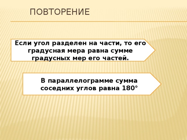 Повторение Если угол разделен на части, то его градусная мера равна сумме градусных мер его частей. В параллелограмме сумма соседних углов равна 180° 