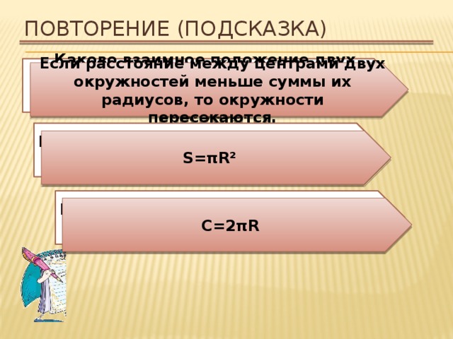 Повторение (подсказка) Каково взаимное положение двух окружностей, если расстояние между их центрами меньше суммы их радиусов? Если расстояние между центрами двух окружностей меньше суммы их радиусов, то окружности пересекаются. По какой формуле можно вычислить площадь круга? S=πR² По какой формуле можно вычислить длину окружности? С=2πR 