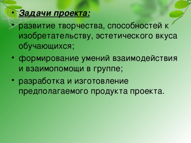 Задачи проекта: развитие творчества, способностей к изобретательству, эстетического вкуса обучающихся; формирование умений взаимодействия и взаимопомощи в группе; разработка и изготовление предполагаемого продукта проекта. 
