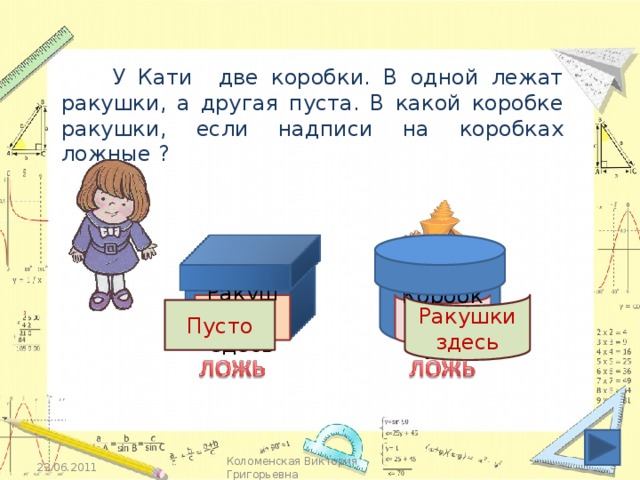 Коробка пуста Ракушки здесь  У Кати две коробки. В одной лежат ракушки, а другая пуста. В какой коробке ракушки, если надписи на коробках ложные ? Ракушки здесь Пусто Кликаем по надписям на коробках. 23.06.2011 Коломенская Виктория Григорьевна