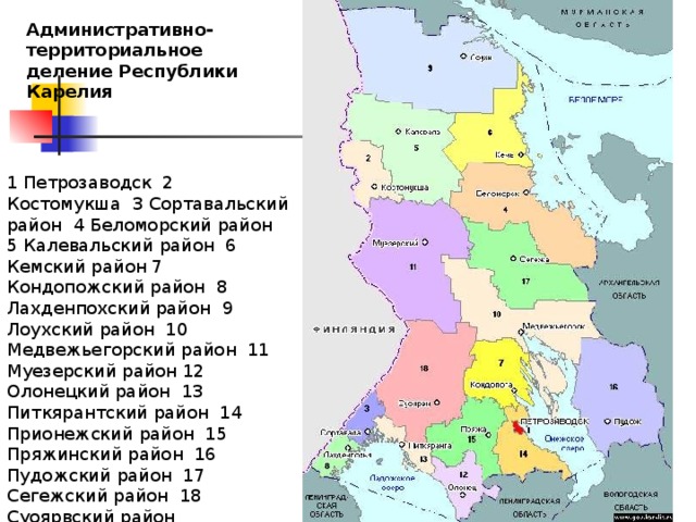 Административно-территориальное деление Республики Карелия  1 Петрозаводск  2 Костомукша  3 Сортавальский район  4 Беломорский район  5 Калевальский район  6 Кемский район 7 Кондопожский район  8 Лахденпохский район  9 Лоухский район  10 Медвежьегорский район  11 Муезерский район 12 Олонецкий район  13 Питкярантский район  14 Прионежский район  15 Пряжинский район  16 Пудожский район  17 Сегежский район  18 Суоярвский район