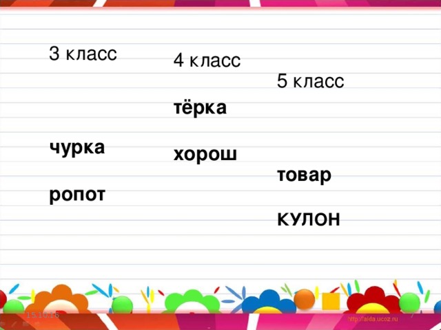 3 класс   чурка  ропот    4 класс тёрка  хорош  5 класс    товар  КУЛОН 15.10.16
