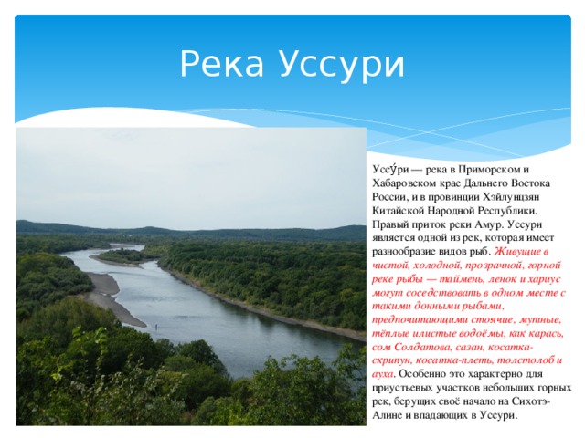 Река Уссури Уссу́ри — река в Приморском и Хабаровском крае Дальнего Востока России, и в провинции Хэйлунцзян Китайской Народной Республики. Правый приток реки Амур. Уссури является одной из рек, которая имеет разнообразие видов рыб. Живущие в чистой, холодной, прозрачной, горной реке рыбы — таймень, ленок и хариус могут соседствовать в одном месте с такими донными рыбами, предпочитающими стоячие, мутные, тёплые илистые водоёмы, как карась, сом Солдатова, сазан, косатка-скрипун, косатка-плеть, толстолоб и ауха . Особенно это характерно для приустьевых участков небольших горных рек, берущих своё начало на Сихотэ-Алине и впадающих в Уссури.  