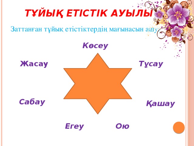 Тұйық етістік ауылы  Заттанған тұйық етістіктердің мағынасын ашу: Көсеу Тұсау Жасау Сабау  Қашау Егеу Ою 