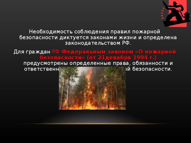 Необходимость соблюдения правил пожарной безопасности диктуется законами жизни и определена законодательством РФ. Для граждан РФ Федеральным законом «О пожарной безопасности» (от 21декабря 1994 г.)  предусмотрены определенные права, обязанности и ответственность в области пожарной безопасности. 