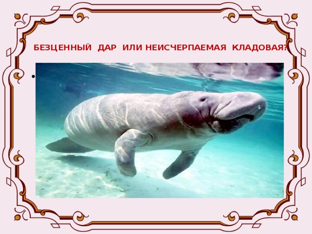 БЕЗЦЕННЫЙ ДАР ИЛИ НЕИСЧЕРПАЕМАЯ КЛАДОВАЯ?   А что сотворил человек с животным миром! Вот, например, выдели ли вы когда-нибудь морскую корову? Не видели. И не увидите никогда. А ведь это было замечательное животное, обитавшее в северной части Тихого океана. Длиной в 10 метров и весом в 4 тонны, характером оно отличалось безобидным и доверчивым. Человек истребил его из-за мяса, жира и кожи. 