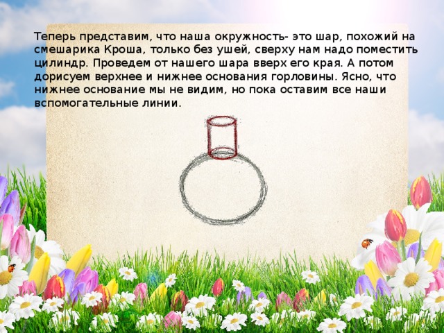 Теперь представим, что наша окружность- это шар, похожий на смешарика Кроша, только без ушей, сверху нам надо поместить цилиндр. Проведем от нашего шара вверх его края. А потом дорисуем верхнее и нижнее основания горловины. Ясно, что нижнее основание мы не видим, но пока оставим все наши вспомогательные линии. 