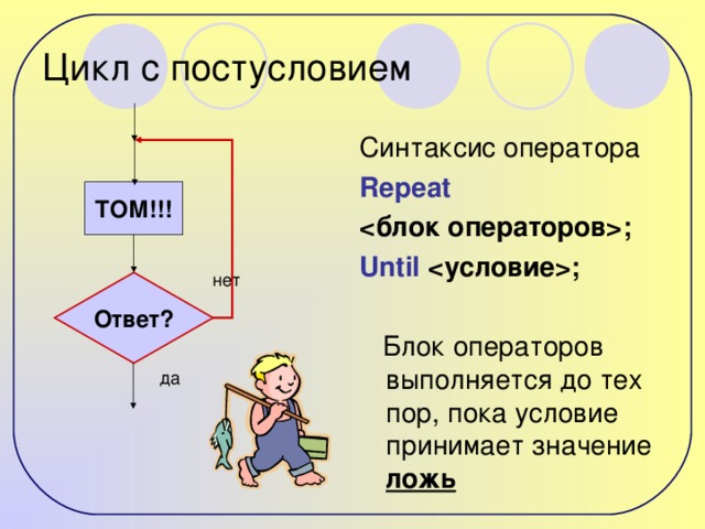 Цикл с постусловием Синтаксис оператора Repeat ; Until ;  Блок операторов выполняется до тех пор, пока условие принимает значение ложь ТОМ!!! нет Ответ? да