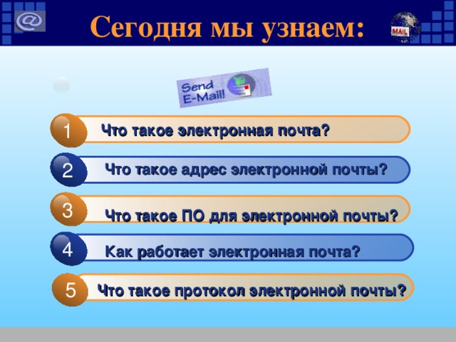 Сегодня мы узнаем: 1 Что такое электронная почта? 2 Что такое адрес электронной почты? 3 Что такое ПО для электронной почты? 4 Как работает электронная почта? 5 Что такое протокол электронной почты ? 