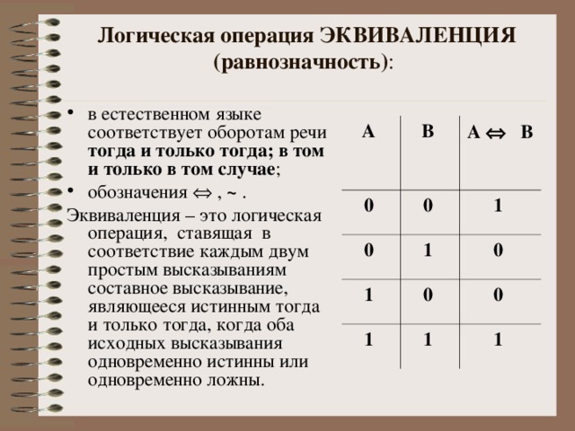 Логическая операция ЭКВИВАЛЕНЦИЯ (равнозначность) :    в естественном языке соответствует оборотам речи тогда и только тогда;  в том и только в том случае ; обозначения  , ~ . Эквиваленция – это логическая операция, ставящая в соответствие каждым двум простым высказываниям составное высказывание, являющееся истинным тогда и только тогда, когда оба исходных высказывания одновременно истинны или одновременно ложны. А В 0 0 0 А    В 1 1 1 0 0 1 1 0 1 