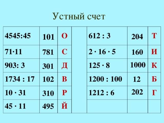 Устный счет 4545:45 71∙11 903: 3 О С 1734 : 17 612 : 3 10 ∙ 31 Д 2 ∙ 16 ∙ 5 45 ∙ 11 В Т 125 ∙ 8 Р И 1200 : 100 Й 1212 : 6 К Б Г 101 204 781 160 1000 301 102 12 202 310 495
