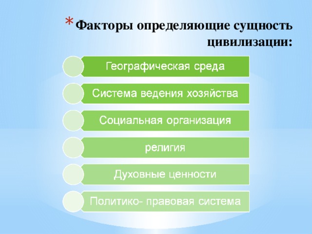 Факторы определяющие сущность цивилизации:   