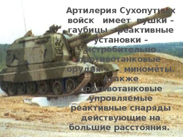 Артилерия Сухопутных войск имеет пушки – гаубицы – реактивные установки – истребительно противотанковые орудия - миномёты. Атакже противотанковые упровляемые реактивные снаряды действующие на большие расcтояния.  