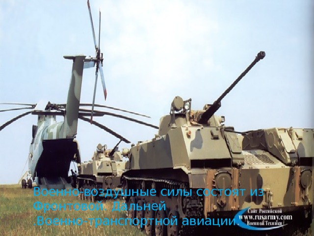 Военно-воздушные силы состоят из Фронтовой. Дальней .Военно-транспортной авиации . 