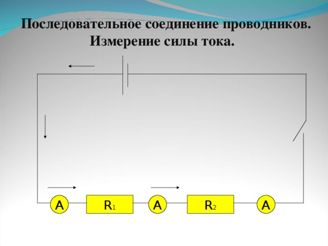 Последовательное соединение проводников. Измерение силы тока. А А R 2 А R 1 