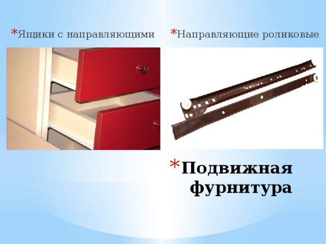 Направляющие роликовые Ящики с направляющими Подвижная фурнитура 