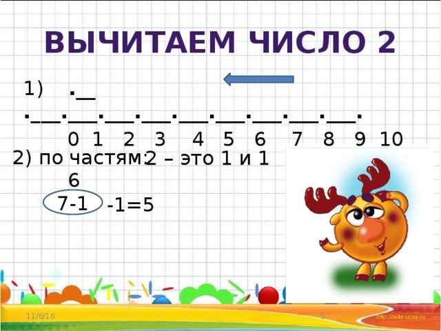 Вычитаем число 2 1) .__ .___.___.___.___.___.___.___.___.___.   0 1 2 3 4 5 6 7 8 9 10 2) по частям: 2 – это 1 и 1 6 -1=5 7-1 11/6/16