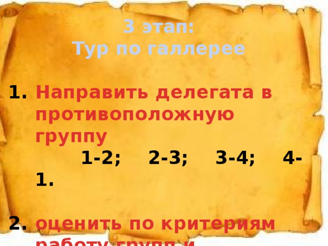 3 этап: Тур по галлерее  Направить делегата в противоположную группу  1-2; 2-3; 3-4; 4-1.  оценить по критериям работу групп и выступление спикера.   1. 