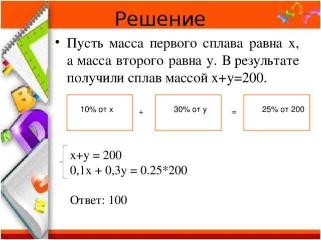 Решение   Пусть масса первого сплава равна x, а масса второго равна y. В результате получили сплав массой х+у=200. 10% от х 30% от у 25% от 200 + = х+у = 200 0,1х + 0,3у = 0.25*200 Ответ: 100 