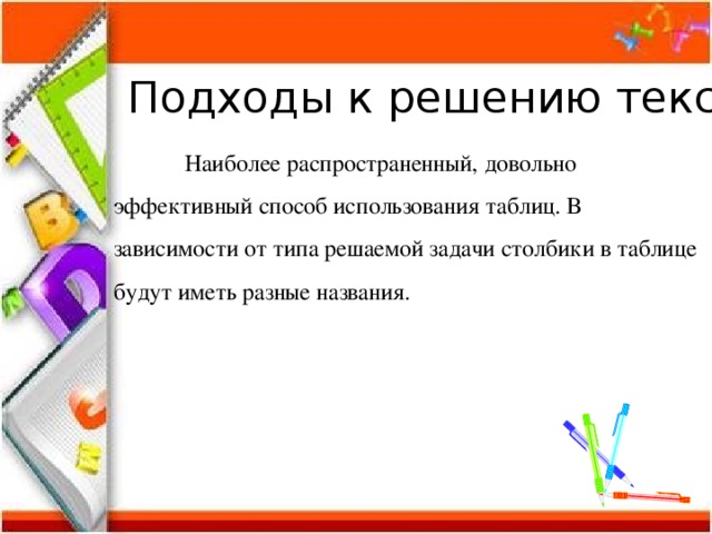 Подходы к решению текстовых задач  Наиболее распространенный, довольно эффективный способ использования таблиц. В зависимости от типа решаемой задачи столбики в таблице будут иметь разные названия. 
