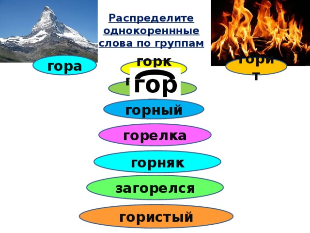 Распределите однокореннные слова по группам гора горит горка гор горение горный горелка горняк загорелся гористый 