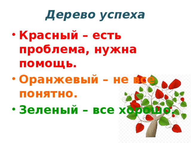 Дерево успеха Красный – есть проблема, нужна помощь. Оранжевый – не все понятно. Зеленый – все хорошо. 