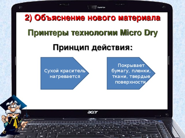 2) Объяснение нового материала Принтеры технологии Micro Dry Принцип действия:   Сухой краситель нагревается Покрывает бумагу, пленки, ткани, твердые поверхности. 
