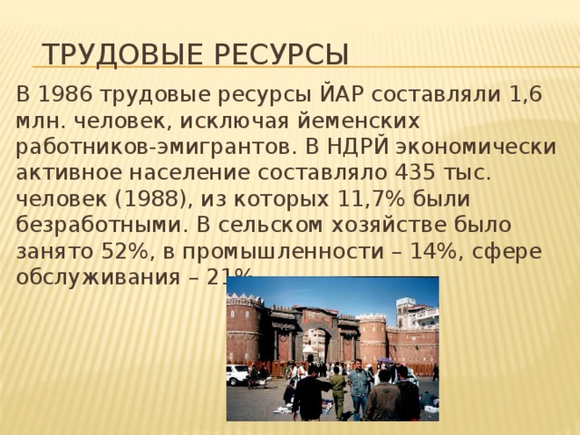 Трудовые ресурсы В 1986 трудовые ресурсы ЙАР составляли 1,6 млн. человек, исключая йеменских работников-эмигрантов. В НДРЙ экономически активное население составляло 435 тыс. человек (1988), из которых 11,7% были безработными. В сельском хозяйстве было занято 52%, в промышленности – 14%, сфере обслуживания – 21%. 