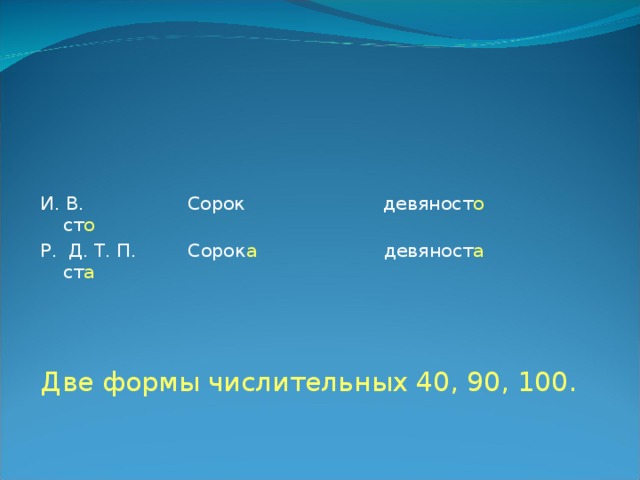 И. В. Сорок девяност о ст о Р. Д. Т. П. Сорок а девяност а ст а Две формы числительных 40, 90, 100. 