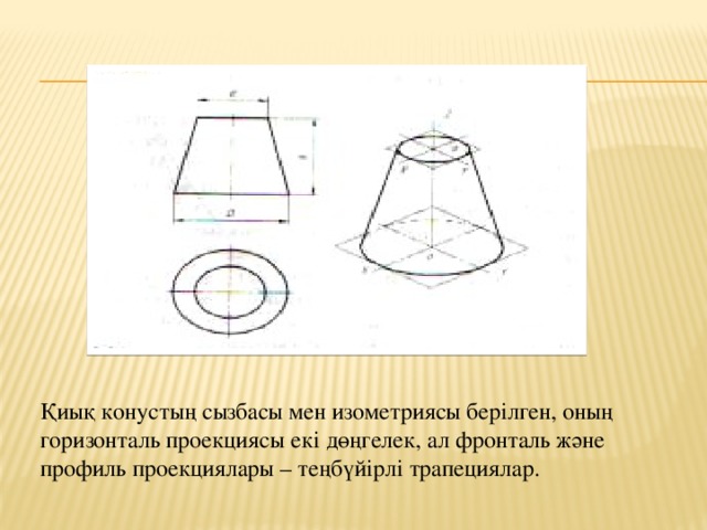 Қиық конустың сызбасы мен изометриясы берілген, оның горизонталь проекциясы екі дөңгелек, ал фронталь және профиль проекциялары – теңбүйірлі трапециялар. 