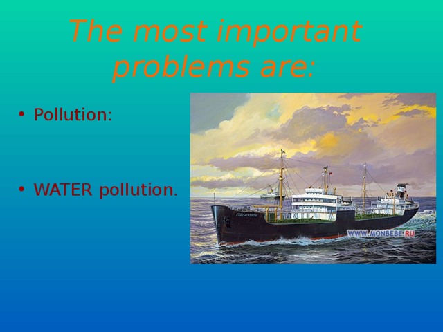 The most important problems are: Pollution: WATER pollution. 