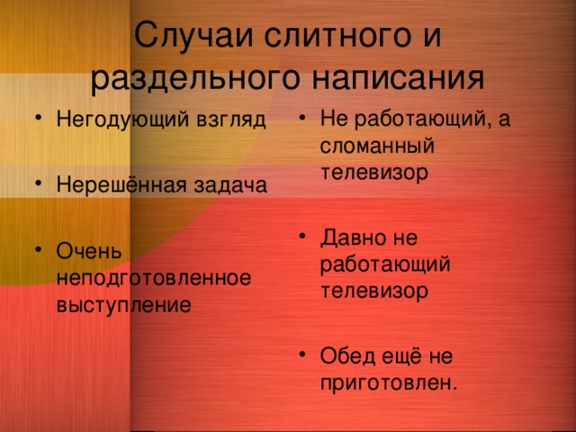 Случаи слитного и раздельного написания Не работающий, а сломанный телевизор  Давно не работающий телевизор  Обед ещё не приготовлен. Негодующий взгляд  Нерешённая задача  Очень неподготовленное выступление 