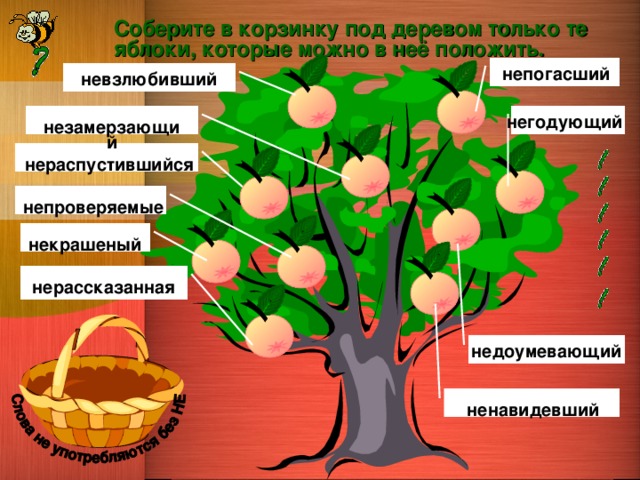 Соберите в корзинку под деревом только те яблоки, которые можно в неё положить. непогасший невзлюбивший негодующий незамерзающий нераспустившийся непроверяемые некрашеный нерассказанная недоумевающий ненавидевший 