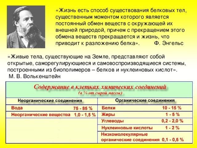 «Жизнь есть способ существования белковых тел, существенным моментом которого является постоянный обмен веществ с окружающей их внешней природой, причем с прекращением этого обмена веществ прекращается и жизнь, что приводит к разложению белка».  Ф. Энгельс «Живые тела, существующие на Земле, представляют собой открытые, саморегулирующиеся и самовоспроизводящиеся системы, построенными из биополимеров – белков и нуклеиновых кислот».   М.  В.  Волькенштейн 