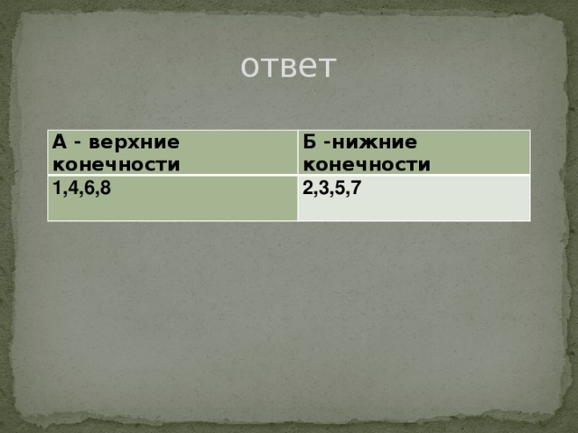 ответ А - верхние конечности Б -нижние конечности 1,4,6,8 2,3,5,7